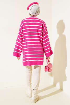 Çizgili Düşük Omuz Triko Tunik Fuşya - Triko Tunik