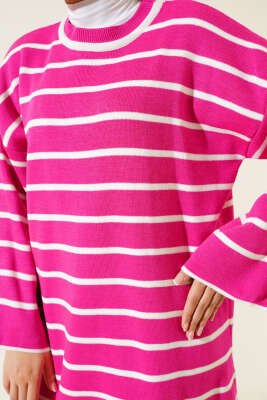 Çizgili Düşük Omuz Triko Tunik Fuşya - Triko Tunik