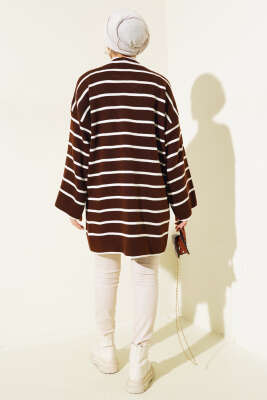 Çizgili Düşük Omuz Triko Tunik Kahve - Triko Tunik