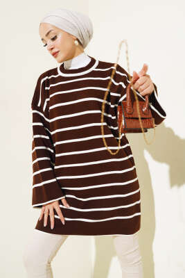 Çizgili Düşük Omuz Triko Tunik Kahve 
