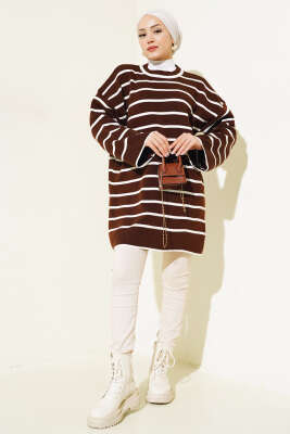 Çizgili Düşük Omuz Triko Tunik Kahve - Triko Tunik