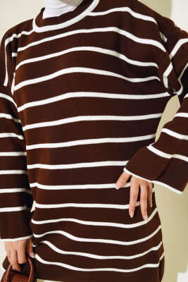 Çizgili Düşük Omuz Triko Tunik Kahve - Triko Tunik