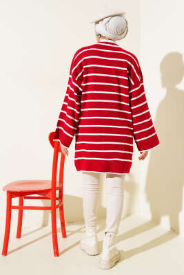 Çizgili Düşük Omuz Triko Tunik Kırmızı - Triko Tunik