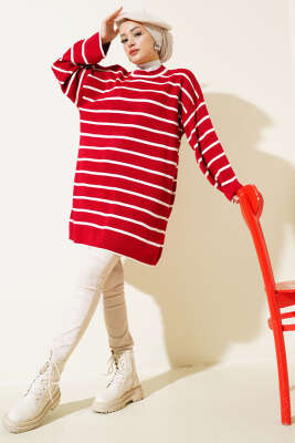 Çizgili Düşük Omuz Triko Tunik Kırmızı - Triko Tunik