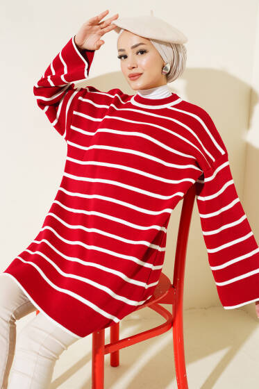 Çizgili Düşük Omuz Triko Tunik Kırmızı - Tunik