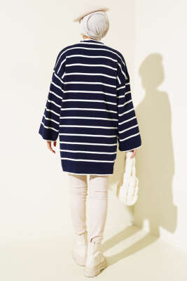 Çizgili Düşük Omuz Triko Tunik Lacivert - Triko Tunik