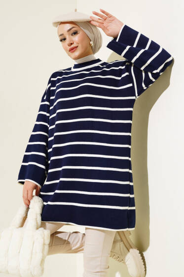 Çizgili Düşük Omuz Triko Tunik Lacivert - Tunik