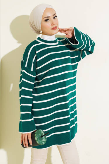 Çizgili Düşük Omuz Triko Tunik Nefti - Spor Tunik