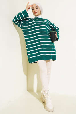 Çizgili Düşük Omuz Triko Tunik Nefti - Triko Tunik