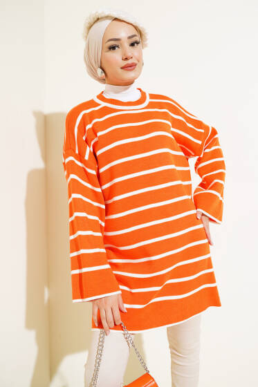 Çizgili Düşük Omuz Triko Tunik Oranj - Spor Tunik
