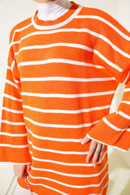 Çizgili Düşük Omuz Triko Tunik Oranj - Triko Tunik