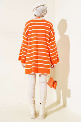 Çizgili Düşük Omuz Triko Tunik Oranj - Triko Tunik