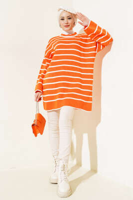 Çizgili Düşük Omuz Triko Tunik Oranj - Triko Tunik
