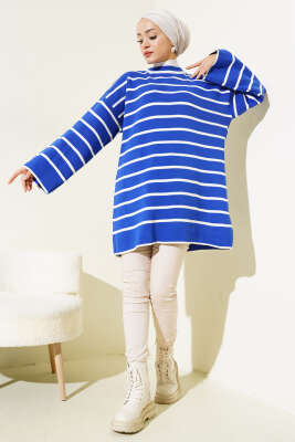 Çizgili Düşük Omuz Triko Tunik Saks - Triko Tunik