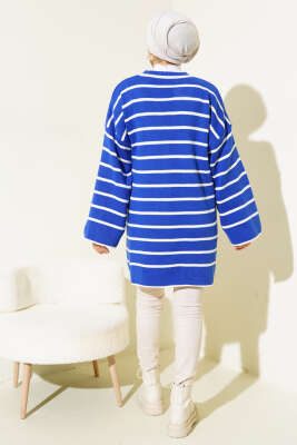 Çizgili Düşük Omuz Triko Tunik Saks - Triko Tunik