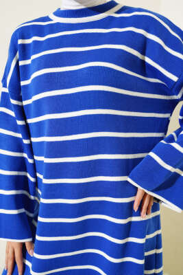 Çizgili Düşük Omuz Triko Tunik Saks - Triko Tunik