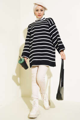 Çizgili Düşük Omuz Triko Tunik Siyah - Triko Tunik
