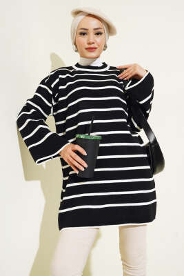 Çizgili Düşük Omuz Triko Tunik Siyah - Triko Tunik