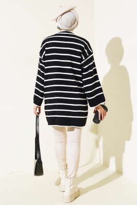 Çizgili Düşük Omuz Triko Tunik Siyah - Triko Tunik