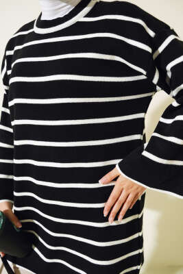 Çizgili Düşük Omuz Triko Tunik Siyah - Triko Tunik