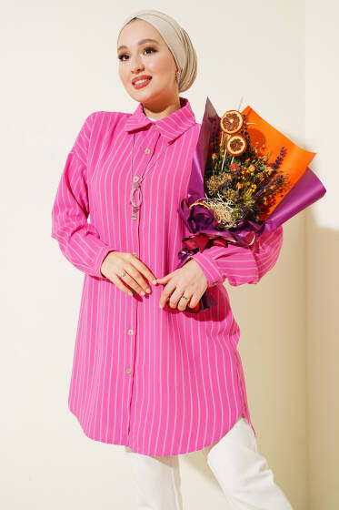 Çizgili Düşük Omuzlu Gömlek Fuşya - Gömlek