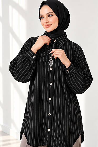 Çizgili Düşük Omuzlu Gömlek Siyah - 300-500 TL Ürünler