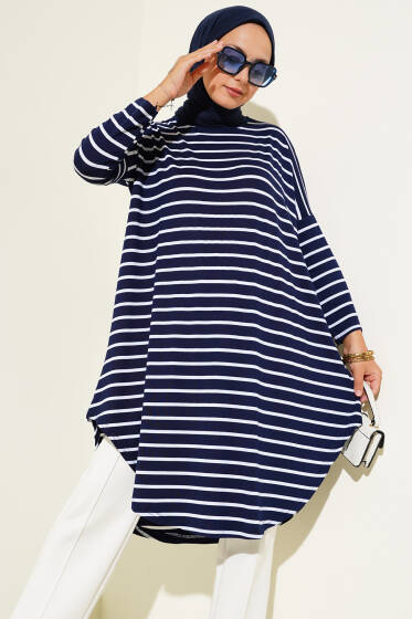 Çizgili Düşük Omuzlu Lacivert Tunik - Tunik