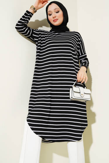 Çizgili Düşük Omuzlu Siyah Tunik - Tunik