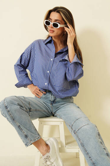 Çizgili Etek Ucu Tünelli Gömlek Saks - Kadın Giyim Modelleri