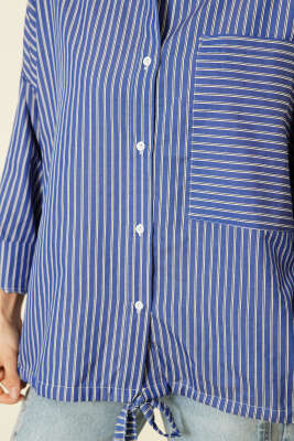 Çizgili Etek Ucu Tünelli Gömlek Saks - Kadın Giyim Modelleri