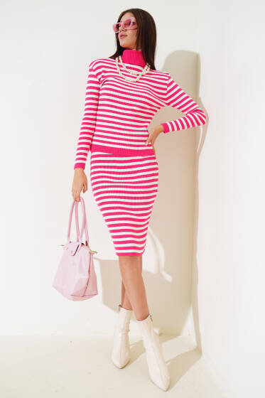 Çizgili Etekli Body Triko Takım Fuşya - Triko