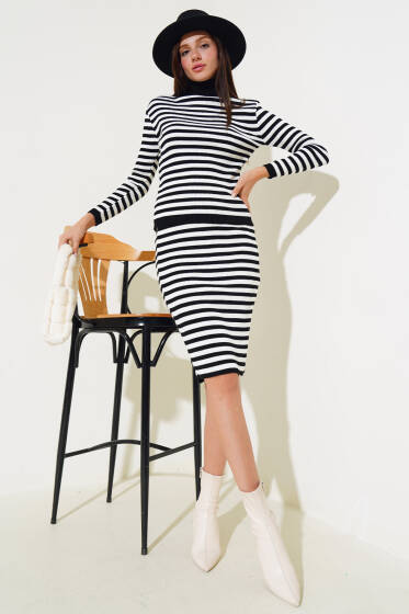 Çizgili Etekli Body Triko Takım Siyah - Triko