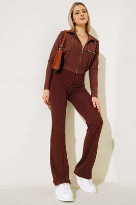 Çizgili Fermuar Detay Kısa Ceket Kahve - Kadın Giyim Modelleri