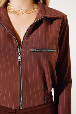 Çizgili Fermuar Detay Kısa Ceket Kahve - Kadın Giyim Modelleri