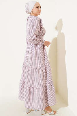 Çizgili Fırfır Detaylı Gofre Elbise Bordo - Tesettür Elbise