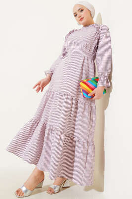 Çizgili Fırfır Detaylı Gofre Elbise Bordo - HBS