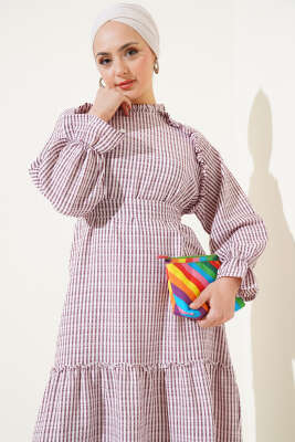 Çizgili Fırfır Detaylı Gofre Elbise Bordo - Tesettür Elbise