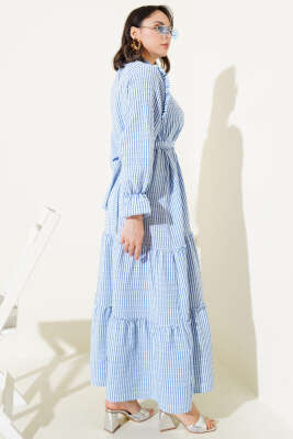 Çizgili Fırfır Detaylı Gofre Elbise İndigo - Tesettür Elbise