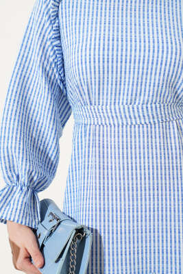 Çizgili Fırfır Detaylı Gofre Elbise İndigo - Tesettür Elbise