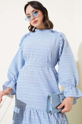 Çizgili Fırfır Detaylı Gofre Elbise İndigo - Tesettür Elbise