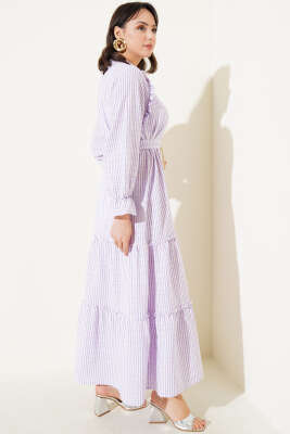 Çizgili Fırfır Detaylı Gofre Elbise Lila - Tesettür Elbise