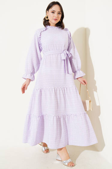 Çizgili Fırfır Detaylı Gofre Elbise Lila - Tesettür Elbise