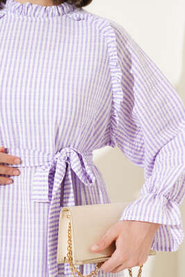 Çizgili Fırfır Detaylı Gofre Elbise Lila - Tesettür Elbise