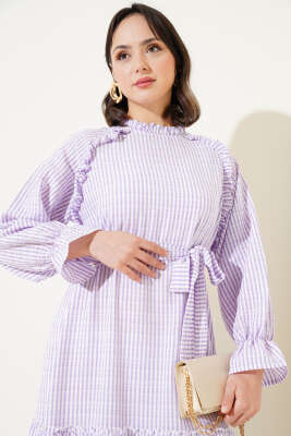 Çizgili Fırfır Detaylı Gofre Elbise Lila - Tesettür Elbise