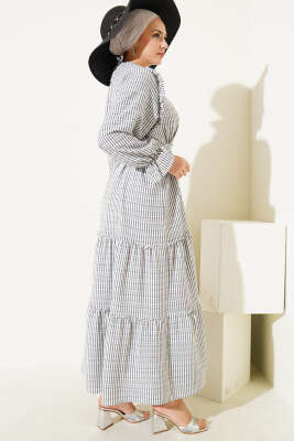 Çizgili Fırfır Detaylı Gofre Elbise Siyah - Tesettür Elbise