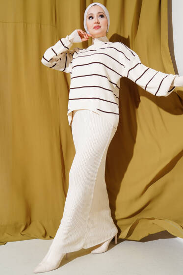Çizgili Fitilli Jile Triko İkili Takım Bej - İkili Takım