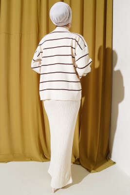 Çizgili Fitilli Jile Triko İkili Takım Bej - Triko İkili Takım