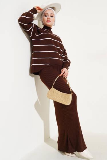 Çizgili Fitilli Jile Triko İkili Takım Kahve - İkili Takım