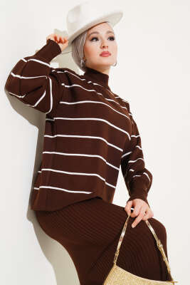 Çizgili Fitilli Jile Triko İkili Takım Kahve - Triko İkili Takım