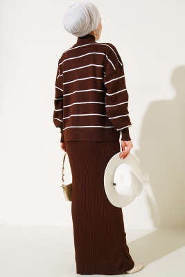Çizgili Fitilli Jile Triko İkili Takım Kahve - Triko İkili Takım